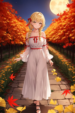 ((Botanical art supermoon night background)),
8k resolution, solo, 1 girl,
lots of maple leaves trees with red and yellow ginko leaves,
blonde hair, odd eyes, hair ribbon, 
middle hair, hair braids, 
casual_exposure, 
red ribbon, mature female, 
(reddish:0.95), (full body:0.85),
(large breasts:0.58), 
(nsfw:0.66),



