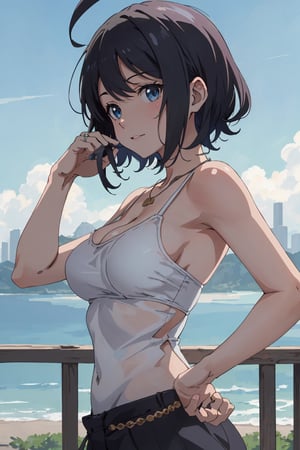 8k resolution, realistic, anime screencap, 
view straight on, standing, petite, a cute girl, (large breasts:1.25), bangs, hair pulled back sidelocks, pale black hair, 
flowing short hair, 
necklace, ring, collarbones, urban outdoors, 
blue sky, 
(topbra:0.95), (smile:0.55), ass up feed,
hand, fingers, Kagamine Rin, Anime