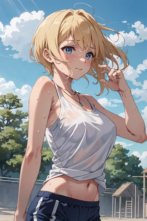 8k resolution, realistic, anime screencap, 
view straight on, standing, petite, a cute girl, (large breasts:1.2), bangs, hair pulled back sidelocks, pale blonde hair, solo, 1 girl,
blonde short hair, flowing hair, floating hair,
necklace, ring, collarbones, school playground, 
blue sky, (short bottom pants:1.1), tanktop,
(sweaty top clothes:1.3),
(running:0.9), (smile:0.55),
hand, fingers