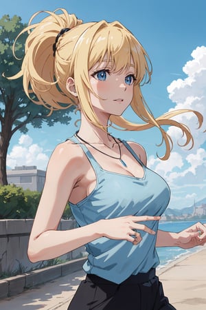 8k resolution, realistic, anime screencap, 
view straight on, standing, petite, a cute girl, (large breasts:1.25), bangs, hair pulled back sidelocks, pale black hair, 
blonde short hair, flowing hair, floating hair,
necklace, ring, collarbones, urban outdoors, 
blue sky, 
(running top:0.95), (smile:0.55),
hand, fingers, Anime