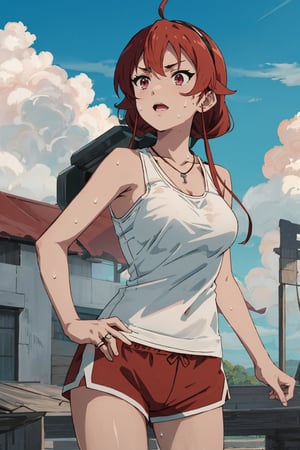 8k resolution, realistic, anime screencap, 
view straight on, standing, petite, a cute girl, (large breasts:1.2), bangs, hair pulled back sidelocks, pale blonde hair, solo, 1 girl,
17 years old,
blonde short hair, flowing hair, floating hair,
necklace, ring, collarbones, school playground, 
blue sky, (dolphin_shorts:0.9), tanktop,
(sweaty top clothes:1.3), (plastered:1.1),
(running:0.9), (smile:0.55), (nsfw:0.8),

