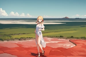 ((Botanical art salar de uyuni background)),
8k resolution, solo, 1 girl, blue sky,
blonde hair, odd eyes, hair ribbon, 
middle hair, hair braids, 
casual_exposure, 
red ribbon, mature female, 
(reddish:0.95), (full body:0.99),
(large breasts:0.58), 
(nsfw:0.66),



