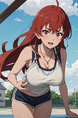 8k resolution, realistic, anime screencap, 
petite, a cute girl, (large breasts:1.2), 
bangs, solo, 1 girl, push up,
necklace, ring, collarbones, school playground, 
blue sky, (dolphin_shorts:0.9), tanktop,
(sweaty top clothes:1.3), (plastered:1.1),
(running:0.9), (smile:0.55), (nsfw:0.85),

