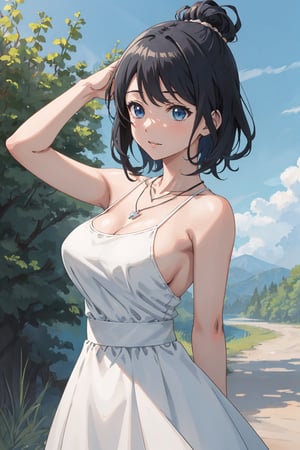 8k resolution, realistic, anime screencap, 
view straight on, standing, petite, a cute girl, (large breasts:1.25), bangs, hair pulled back sidelocks, pale black hair, 
flowing hair, floating short hair, 
necklace, ring, collarbones, urban outdoors, 
blue sky, 
(topbra:0.95), (smile:0.55),
hand, fingers, Kagamine Rin, Anime