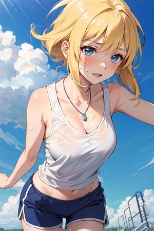 8k resolution, realistic, anime screencap, 
view straight on, standing, petite, a cute girl, (large breasts:1.2), bangs, hair pulled back sidelocks, pale blonde hair, solo, 1 girl,
blonde short hair, flowing hair, floating hair,
necklace, ring, collarbones, school playground, 
blue sky, (dolphin shorts:1.1), tanktop,
(sweaty top clothes:1.3),
(running:0.9), (smile:0.55),
