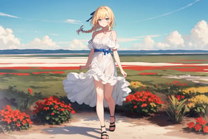 ((Botanical art salar de uyuni background)),
8k resolution, solo, 1 girl, blue sky,
blonde hair, odd eyes, hair ribbon, 
middle hair, hair braids, 
casual_exposure, 
red ribbon, mature female, 
(reddish:0.95), (full body:0.99),
(large breasts:0.58), 
(nsfw:0.66),



