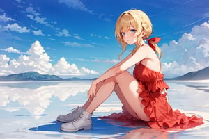 ((Botanical art salar de uyuni background)),
8k resolution, solo, 1 girl, blue sky,
blonde hair, odd eyes, hair ribbon, 
middle hair, hair braids, 
casual_exposure, 
red ribbon, mature female, 
(reddish:0.95), (full body:0.99),
(large breasts:0.58), 
(nsfw:0.66),



