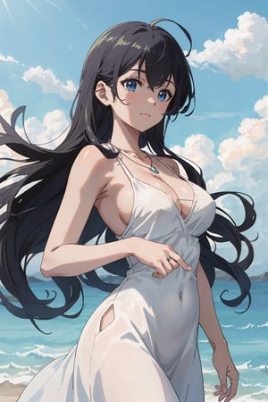 8k resolution, realistic, anime screencap, 
view straight on, standing, petite, a cute girl, (large breasts:1.25), bangs, hair pulled back sidelocks, pale black hair, 
flowing hair, floating hair, 
necklace, ring, collarbones, outdoors, 
blue sky, 
(topbra:0.95), (smile:0.55),
hand, fingers, Kagamine Rin, Anime