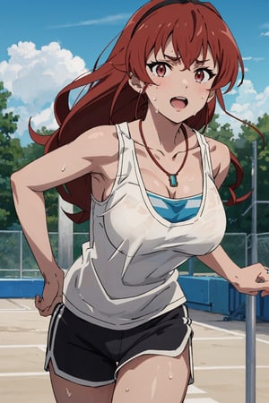 8k resolution, realistic, anime screencap, 
petite, a cute girl, (large breasts:1.2), 
bangs, solo, 1 girl, 12 years old,
necklace, ring, collarbones, school playground, 
blue sky, (dolphin_shorts:0.9), tanktop,
(sweaty top clothes:1.3), (plastered:1.1),
(running:0.9), (smile:0.55), (nsfw:0.8),

