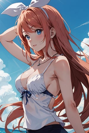 realistic, anime screencap, view straight on, standing, petite, a cute girl, (large breasts:1.25), bangs, hair pulled back, floating hair, sidelocks, pale red hair, flowing hair, Coppery skin, ribbon, necklace, ring, white shirt, collarbones, outdoors, blue sky, 8k resolution, 18 years old,
(bra:0.95), (smile:0.55),
hand, fingers, Kagamine Rin, Anime