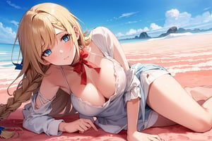 ((Botanical art salar de uyuni background)),
8k resolution, solo, 1 girl, blue sky,
blonde hair, odd eyes, hair ribbon, 
middle hair, hair braids, 
casual_exposure, 
red ribbon, mature female, 
(reddish:0.95), (full body:0.85),
(large breasts:0.58), 
(nsfw:0.66),



