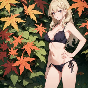 ((Botanical art lots of maple leaves background)),
8k resolution, realistic, anime screencap, 
petite, a cute girl, 
(large breasts:0.95), bangs, hair pulled back sidelocks, (pale hair), solo, 1 girl,
flowing hair, casual,
(sexy net panties:1.01),
(breasts visible:1.13),
(pussy visible:0.91),
(nsfw:0.87), 
