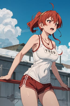 8k resolution, realistic, anime screencap, 
view straight on, standing, petite, a cute girl, (large breasts:1.2), bangs, hair pulled back sidelocks, pale blonde hair, solo, 1 girl,
17 years old,
blonde short hair, flowing hair, floating hair,
necklace, ring, collarbones, school playground, 
blue sky, (dolphin_shorts:0.9), tanktop,
(sweaty top clothes:1.3), (plastered:1.1),
(running:0.9), (smile:0.55), (nsfw:0.8),

