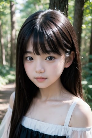 主：(Deep in the woods),(((face photo))),
人：1litte 1kid 7yo gril (Child:1.2), Korean beauty,
優：With a very high artistic composition style,Film photo texture,
髮：(long hair),(((bangs))), 
服：Off-the-shoulder,Open collar sheer tulle,