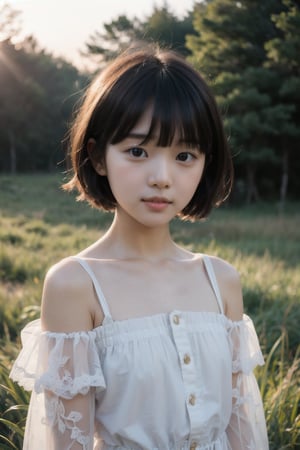 主：(Misty woods under sunset),(((face photo))),
人：1litte 1kid 7yo gril (Child:1.2), Korean beauty,
優：With a very high artistic composition style,Film photo texture,
髮：(((bangs))),(((short hair))),
服：Off-the-shoulder,Open collar sheer tulle,