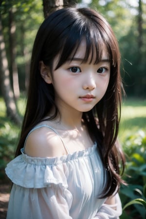 主：(Deep in the woods),(((face photo))),
人：1litte 1kid 7yo gril (Child:1.2), Korean beauty,
優：With a very high artistic composition style,Film photo texture,
髮：(long hair),(((bangs))), 
服：Off-the-shoulder,Open collar sheer tulle,