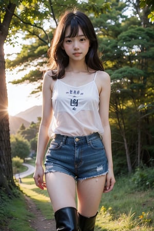 (((In dense mountain woods))),(((whole body enters the camera))),
人物：best quality,masterpiece,ultra high res,photorealistic,a little girl,looking at viewer,raw photo,smile,close-up,Korean little girl,junior high school age,Realistic skin texture,Realistic hair texture,realistic composition texture,Realistic hair texture,clear hair,korean female singer,(kim taeyeon),slol,(Kpop idol),(Kim Taeyeon's appearance),(Be very like kim Taeyeon),Beautiful bags under the eyes,(double eyelid),Showing upper arm tattoo,(accentuate the red tones of the eyes),Fine light and shadow,fine skin texture,fine hair texture,fine clothing texture,fine accessories texture,(realistic depth of light and shadow),(realistic pores:1.3),(((Tong Yan:1.5))),Pure and sweet,cute:1.3,(young face),
1little girl,(Korean girl, middle school student),(girl body, small breasts:1),flat nose:1,small nose:1,flawless beauty,
頭髮：Long hair, bangs,
(((Tulle spaghetti strap sleeveless sheer shirt))),
服：(((Shoulder sheer T-shirt, loose T-shirt))), (((Sheer T-shirt with patterns))), ((((Super short hot pants))), (((Black boots)) ),
(((The sunset shines through the trees))), (((The sunset shines through the trees))),