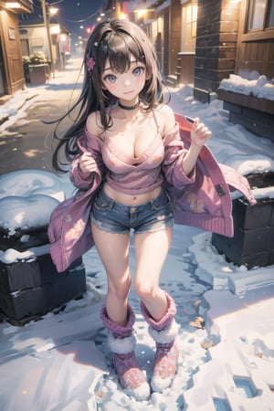 主：(In the alley at night),(((Full body image))),
人：1litte 1kid 7yo gril (Child:1.2),
體：(Beautiful little girly body proportions),(smaller body frame),(Obvious crotch and vaginal shape),
髮：(Long straight hair),
服：(((Off-the-shoulder))),(deep V neckline),(((cleavage))),(Damaged style),
服：(((Low-cut collarless and sleeveless sweater with floral pattern))),(((Sheer sleeveless sweater))),(((deep V low neckline))),(very short denim hot pants),(((snow boots))),