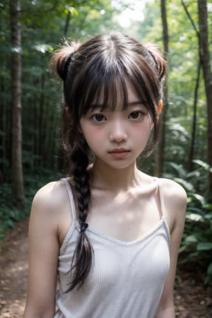 (((deep in the woods))),(looking at the audience),
(((Half body enters the camera))),
人：1 korean young girl,(young girl of elementary school age),Pure and restrained young girl,A young girl of primary school age,(a very beautiful and innocent young girl),(10 years old),lolita style,
優：High resolution, realistic and delicate high texture,Warm and realistic delicate texture,
體：The body of a reasonable young girl,(child's body:1.3),
髮：(bangs), (double ponytails),
服：(sleeveless spaghetti straps),