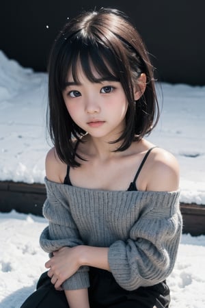 主：(all black background, gray black background),(((face photo))),
人：1litte 1kid 7yo gril (Child:1.2), Korean beauty,
優：With a very high artistic composition style, (photo of sunset and snow people texture effect),
髮：(((bangs))),(((Well-defined hair strands:1.4))),
服：(Off-the-shoulder),(Off-the-shoulder spaghetti straps),