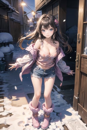 主：(In the alley at night),(((Full body image))),
人：1litte 1kid 7yo gril (Child:1.2),
體：(Beautiful little girly body proportions),(smaller body frame),(Obvious crotch and vaginal shape),
髮：(Long straight hair),
服：(((Off-the-shoulder))),(deep V neckline),(((cleavage))),(Damaged style),
服：(((Low-cut collarless and sleeveless sweater with floral pattern))),(((Sheer sleeveless sweater))),(((deep V low neckline))),(very short denim hot pants),(((snow boots))),