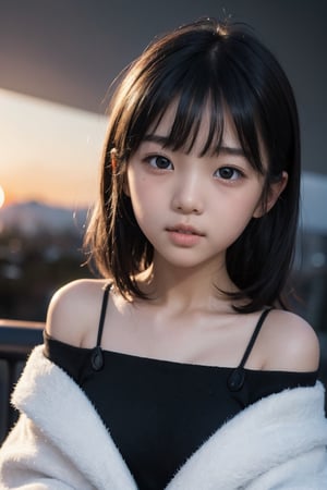 主：(all black background, gray black background),(((face photo))),
人：1litte 1kid 7yo gril (Child:1.2), Korean beauty,
優：With a very high artistic composition style, (photo of sunset and snow people texture effect),
髮：(((bangs))),(((Well-defined hair strands:1.4))),
服：(Off-the-shoulder),(Off-the-shoulder spaghetti straps),