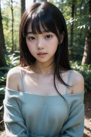 主：(Deep in the woods),(((face photo))),
人：1litte 1kid 7yo gril (Child:1.2), Korean beauty,
優：With a very high artistic composition style,Film photo texture,
髮：(long hair),(((bangs))), 
服：Off-the-shoulder,Open collar sheer tulle,