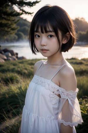 主：(Misty woods under sunset),(((face photo))),
人：1litte 1kid 7yo gril (Child:1.2), Korean beauty,
優：With a very high artistic composition style,Film photo texture,
髮：(((bangs))),(((short hair))),
服：Off-the-shoulder,Open collar sheer tulle,