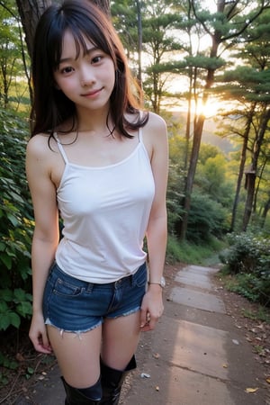 (((In dense mountain woods:1.3))),(((whole body enters the camera))),
人物：best quality,masterpiece,ultra high res,photorealistic,a little girl,looking at viewer,raw photo,smile,close-up,Korean little girl,junior high school age,Realistic skin texture,Realistic hair texture,realistic composition texture,Realistic hair texture,clear hair,korean female singer,(kim taeyeon),slol,(Kpop idol),(Kim Taeyeon's appearance),(Be very like kim Taeyeon),Beautiful bags under the eyes,(double eyelid),Showing upper arm tattoo,(accentuate the red tones of the eyes),Fine light and shadow,fine skin texture,fine hair texture,fine clothing texture,fine accessories texture,(realistic depth of light and shadow),(realistic pores:1.3),(((Tong Yan:1.5))),Pure and sweet,cute:1.3,(young face),
1little girl,(Korean girl, middle school student),(girl body, small breasts:1),flat nose:1,small nose:1,flawless beauty,
頭髮：Long hair, bangs,
(((Tulle spaghetti strap sleeveless sheer shirt))),
服：(((Shoulder sheer T-shirt, loose T-shirt))), (((Sheer T-shirt with patterns))), ((((Super short hot pants))), (((Black boots)) ),
(((The sunset shines through the trees))), (((The sunset shines through the trees))),(((The girl is standing deeper in the dense woods))),(The sunset sun shines on the girl),