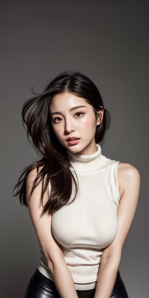 full shot woman looks like ishihara satomi, with blown hair, curvaceous, voluptuous body, eyes are a little far apart,Mouth is slightly large,((wear leggings and tight sleeveless turtle neck knit), big breast,perfecteyes, red, high res, high quality, skinny, photorealistic, realistic, ((masterpiece)), midlights