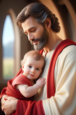 Create a realistic, 4K image of St. Joseph, depicted as a kind and gentle carpenter, holding the adorable baby Jesus, who is dressed in a traditional red garment. St. Joseph has a warm, loving smile and detailed, lifelike facial features, including gentle eyes, expressive eyebrows, and a neatly trimmed beard with realistic hair texture. soft lighting, ethereal, high detail, portrait, elegant, delicate features, pastel colors, emotional expression, masterpiece, 8k resolution, Extremely high-resolution details, photographic, realism pushed to extreme, fine texture, incredibly lifelike, looking at viewer, solo focus, realistic, photorealistic