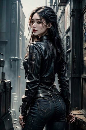 ((masterpiece), (best quality), (highly detailed)), Posing from behind is a beautiful woman with long black hair, wearing a black leather jacket and jeans. She exudes a sexy and confident aura with her captivating appearance. The scene is set in a cyberpunk style, with a focus on realistic details, particularly on the skin texture and the intricate design of the black leather jacket. The image is a close-up portrait, highlighting the woman's alluring features. ,FilmGirl,aw0k euphoric style,LinkGirl,korean girl,lun4,h4n3n,photo r3al,HZ Steampunk,xxmix_girl,horror