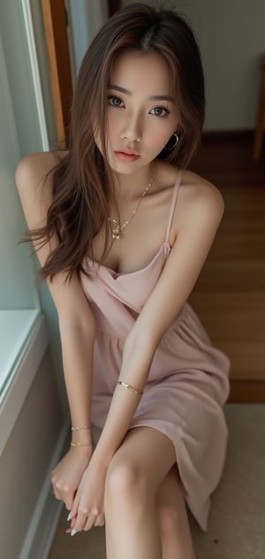 Beautiful and attractive Korean woman, long hair in brown tones, sexy and charming portrait, soft lighting, detailed, elegant. Ultra high definition, neat and stylish dress, full body, string necklace, small earrings, bracelet, high heels,