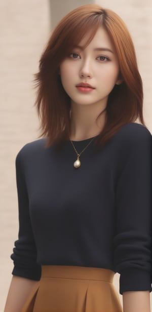 Image, (full body), highest quality, masterpiece, ultra-high definition, (cute face), (perfect brown eyes), surreal illustration, natural proportions, Ultra HD, realistic and vivid colors, highly detailed UHD drawing, perfectly composed, 8k , texture, breathtaking beauty, pure perfection, unforgettable emotion, medium burst, thread necklace, skirt, portrait of a woman, ecru technical wool fleece knit,ch3ls3a,dr24lina