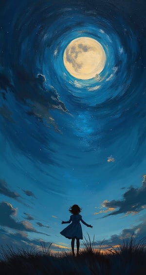 Zenith painting, gouache, realism, oil painting, digital illustration, lovely girl in a one-piece dress looking at the night sky and taking a deep breath with her arms outstretched, minimalist, wind blowing, romantic mood, milky way in the night sky, Archie's illustration painting expression shot, contrast, bright moonlight, night, surrealism,