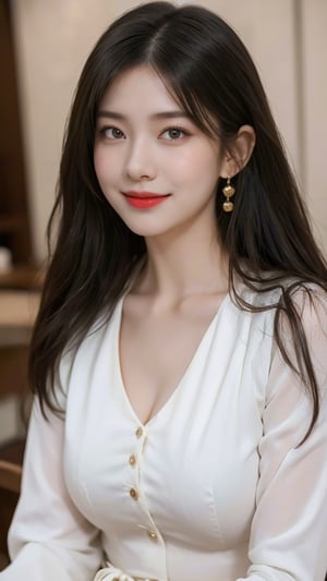 Beautiful and delicate light, (beautiful and delicate eyes), pale skin, big smile, (brown eyes), (black long hair), dreamy, medium chest, woman 1, (front shot), Korean girl, bangs, soft expression, height 170, elegance, bright smile, 8k art photo, realistic concept art, realistic, portrait, necklace, small earrings, handbag, fantasy, jewelry, shyness, short jacket, skirt, (red ribbon tie long-sleeved blouse),alluring_lolita_girl,colorful_girl_v2,white_dress