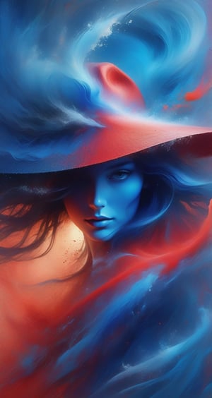 A woman wearing a wide-brimmed hat, gorgeous colors, the woman's hair breaks into small pieces and turns into powder as it moves away from her head, the abstract red background and fantastic blue gradient add to the mysteriousness, the heavy and unstructured thick brush strokes beautifully express the portrait of a woman,