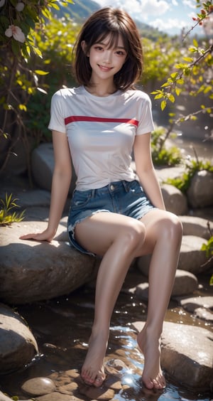 Image, top quality, masterpiece, ultra high definition, natural proportions, ultra high definition, realistic and vivid colors, detailed UHD drawing, perfect composition, 8k, texture, breathtaking beauty, bright smile, pure perfection, unforgettable emotions. , female 1, Korean, a girl in a red striped T-shirt sits on a stone in a valley and soaks her feet in the stream, shorts, stream,