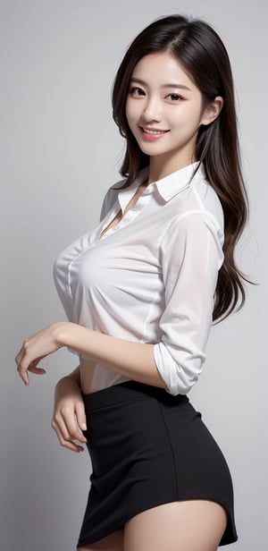 Image, highest quality, masterpiece, ultra-high resolution, surreal illustrations, natural proportions, Ultra HD, realistic and vivid colors, detailed UHD drawing, perfect composition, 8k, texture, breathtaking beauty, bright smile, pure perfection, unforgettable moved. ,Woman 1,sexy pose,Korean,black slim fit stretch shirt,skirt,