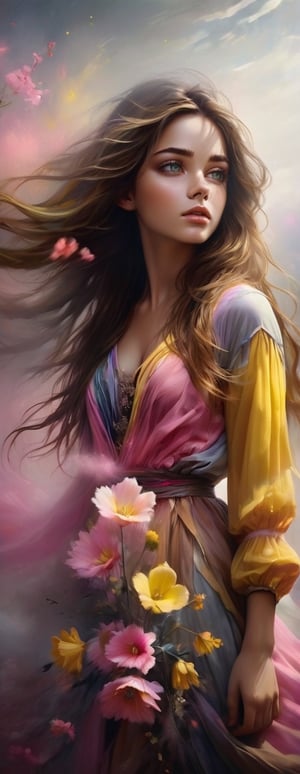Masterpiece, top quality, highest quality, art, detail. 1 Girl, long brown hair, yellow and pink gradient, unclear border like fog, sad eyes staring into space, blurry, full body shot, beautiful, hair blowing in the wind,DonMM1y4XL,DonMW15pXL,Flower queen