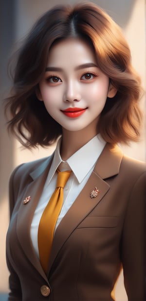 Image, (full body), top quality, masterpiece, ultra high definition, (cute face), (perfect brown eyes), surreal illustration, natural proportions, ultra high definition, realistic and vivid colors, highly detailed UHD drawing, perfectly composed, 8k, texture, breathtaking beauty, radiant smile, pure perfection, unforgettable emotions, medium burst, thread necklace, female portrait, basic collar neck suit uniform,