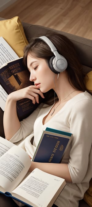 Ultra high definition, {{highest quality}},{high resolution},I am reading a book while listening to music with headphones on,
