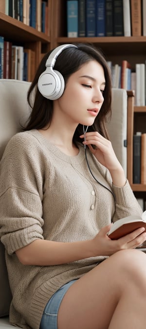 Ultra high definition, {{highest quality}},{high resolution},I am reading a book while listening to music with headphones on,