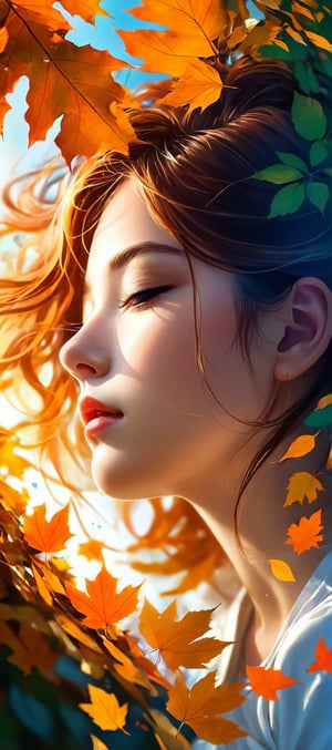 Double exposure in the silhouette of the border of fallen leaves at 80% of the screen, girl and portrait, face of a beautiful girl with both eyes closed, HD, 8k, vivid