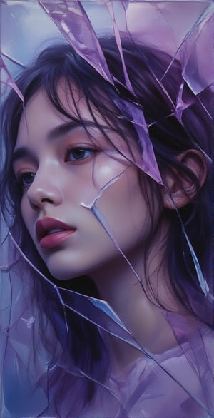 A girl's face reflected in a broken mirror, fantastic details, detailed brush strokes and oil painting, portrait style of a girl in deep thought. Gradients of purple and blue, dreamy world,