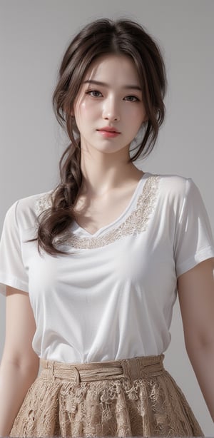 Image, (full body), top quality, masterpiece, ultra high definition, (cute face), (perfect brown eyes), korean, surreal illustration, natural proportions, ultra high definition, realistic and vivid colors, highly detailed UHD drawing, perfectly composed, 8k, texture, breathtaking beauty, radiant smile, pure perfection, unforgettable emotions, medium burst, thread necklace, female portrait, skirt, embroidered collar t-shirt,