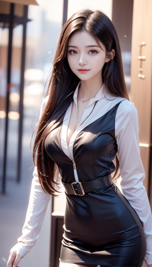 (((masterpiece))), top class, (beautiful and delicate girl), beautiful and delicate light, (beautiful and delicate eyes), smile, (brown eyes), (dark black long hair), medium breasts, female 1, front shot, Korean, Soft impression, tall height, women's clothing, fleece puffy fleece vest,adjusting gloves,Fortune Dragon