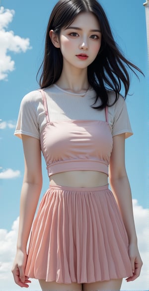 A beautiful and vivid portrait of a woman. She is wearing a striped T-shirt and a short vest on top and a pleated skirt on the bottom. Her lips are sexy with red lipstick. Her hair is black, and the background is the sky with clouds floating in the air. The entire work has a beautiful three-dimensional feeling.