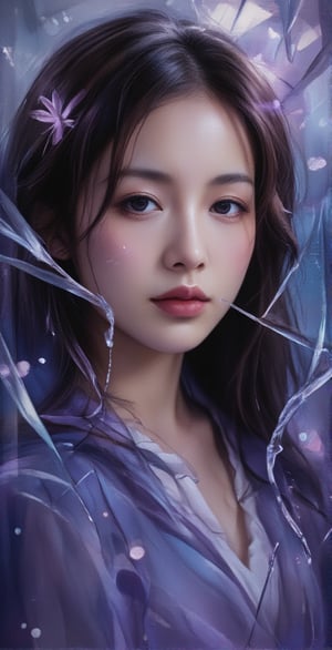 A girl's face reflected in a broken mirror, fantastic details, detailed brush strokes and oil painting, portrait style of a girl in deep thought. Gradients of purple and blue, dreamy world,