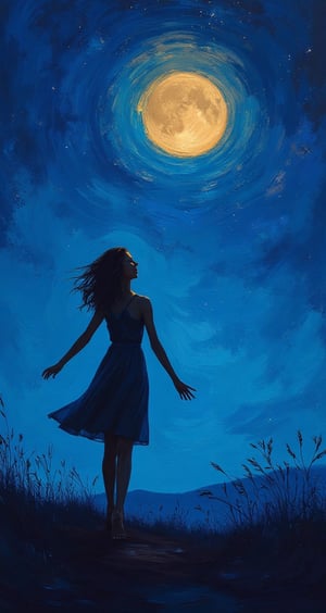 Zenith painting, gouache, realism, oil painting, digital illustration, lovely girl in a one-piece dress looking at the night sky and taking a deep breath with her arms outstretched, minimalist, wind blowing, romantic mood, milky way in the night sky, Archie's illustration painting expression shot, contrast, bright moonlight, night, surrealism,